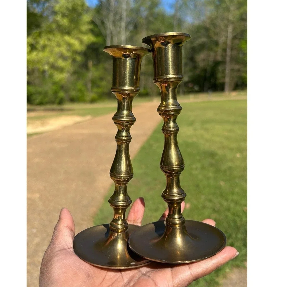 Candlesticks Home‎ 7in Gold Brass Spindle Vintage